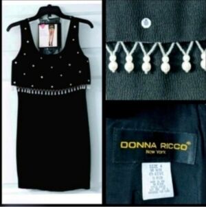 LBD formal black cocktail dress, pearls, crepe fabric, size 4.LBD Donna Ricco